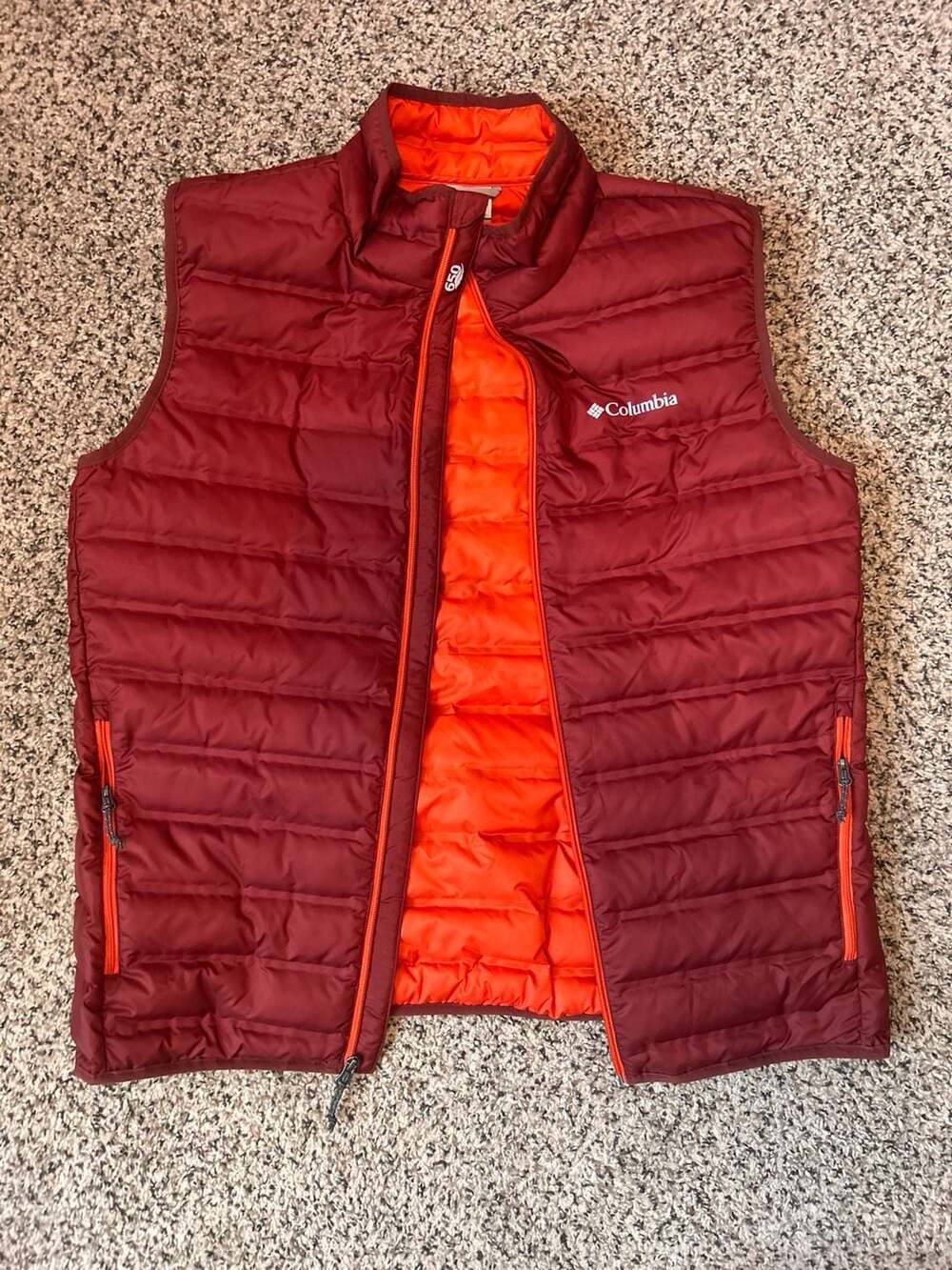 Columbia 650 Down Puffer Vest Size L Maroon Orange Full Zip